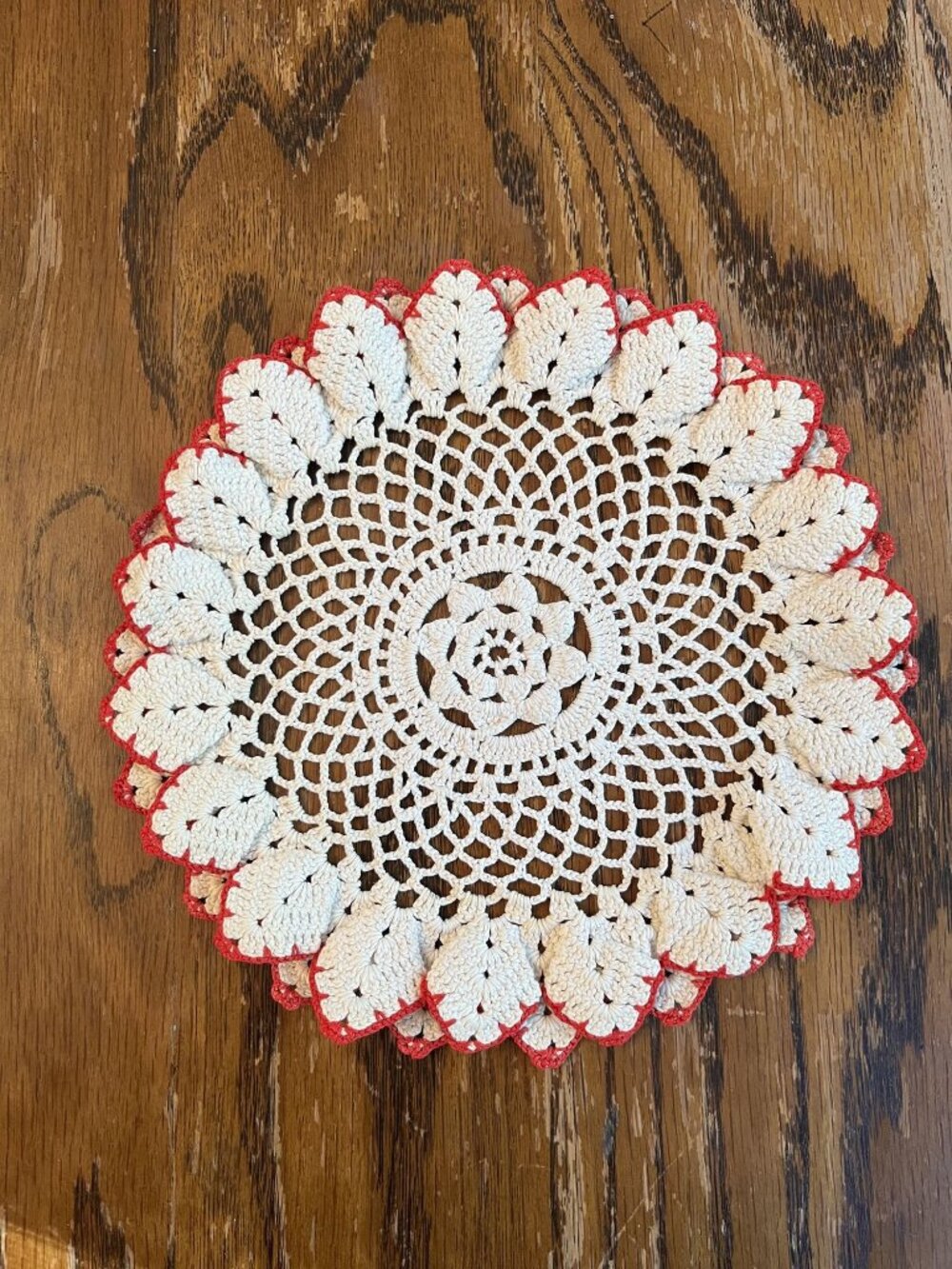 Vintage Hand-Crocheted Cream Doily With Pinwheel Design & Red Trim - 9"